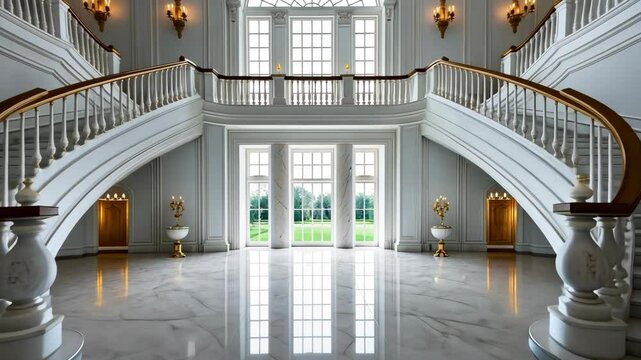 Video footage of grand foyer with a double staircase, marble floors, large windows, and elegant lighting fixtures, exuding luxury and sophistication