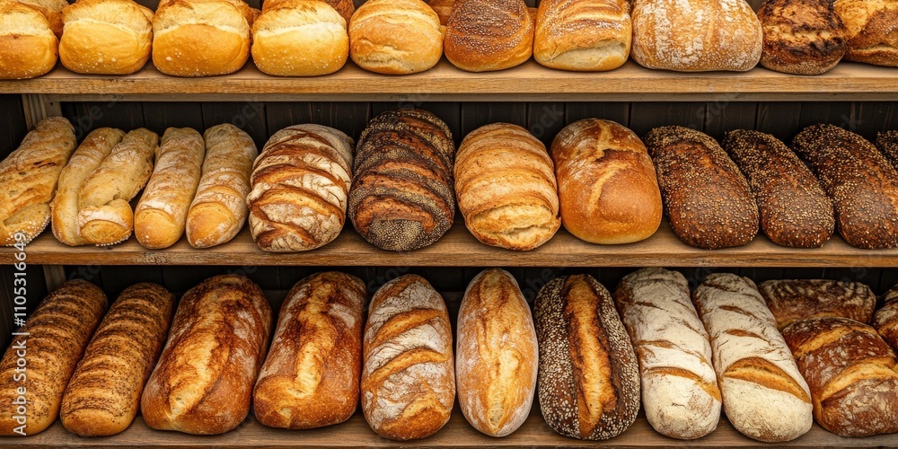 Poster freshly baked breads arranged neatly on the bakery shelf, showcasing a variety of textures and color