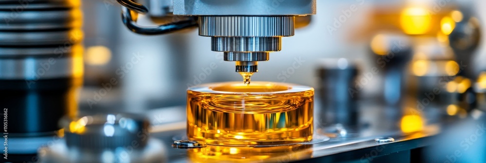 Poster automated cosmetics production close-up of precision filling machine dispensing cream into jars