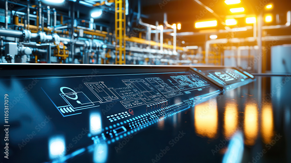 Poster smart water management system displayed in futuristic industrial setting, showcasing advanced techno