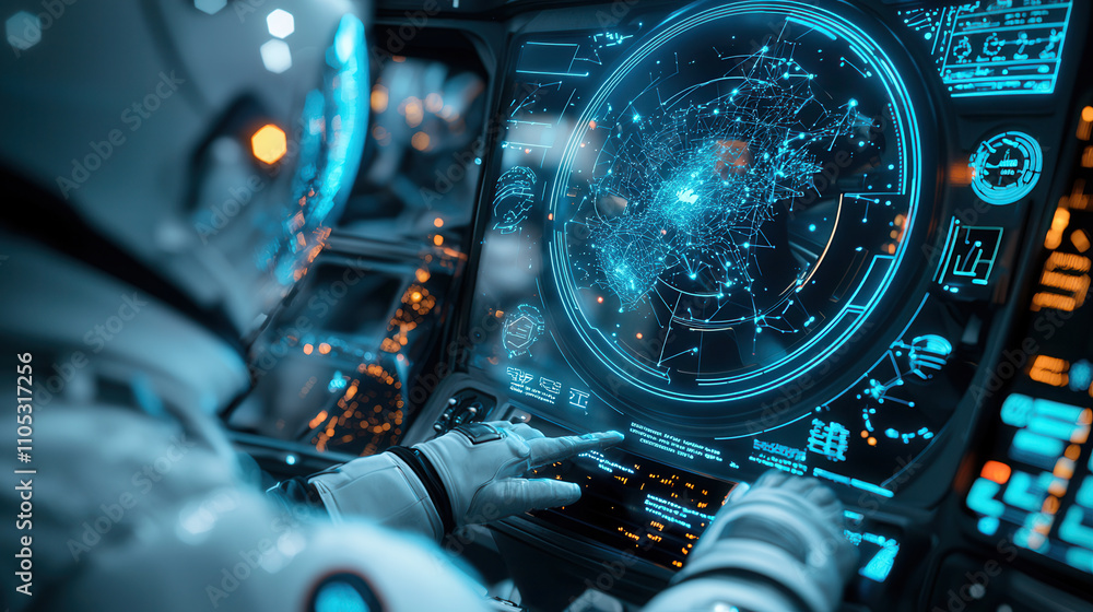 Poster astronaut interacts with high tech spacecraft cockpit display, exploring cosmic data and star maps, 