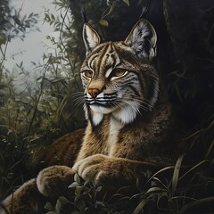 Obraz premium A realistic depiction of a lynx resting in a lush, green environment.