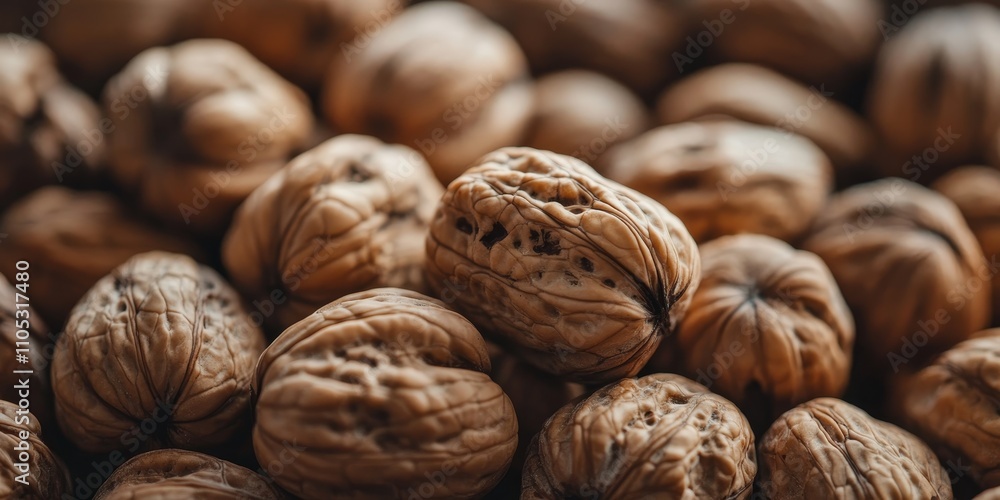Poster Close up of freshly harvested walnuts, showcasing the textures and details of walnuts ready for culinary use. The rich color and structure of these walnuts make them a visual delight.