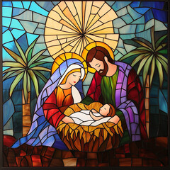 The nativity scene is depicted in the style of stained glass, with Mary and Joseph standing next to baby Jesus on his lap inside an angelic manger surrounded by palm tree