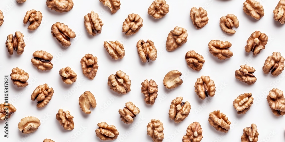 Poster a multitude of walnut seeds displayed, showcasing isolated nuts on a clean white background, offerin