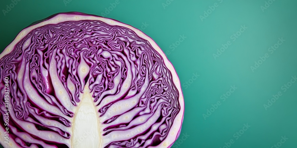 Poster Close up view of a halved red cabbage, showcasing its intricate inner patterns resembling a tree, set against a vibrant green backdrop that enhances the beauty of the red cabbage.