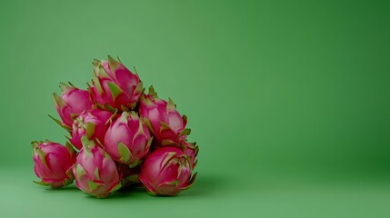 A stack of vibrant pink dragon fruits against a vivid green background.