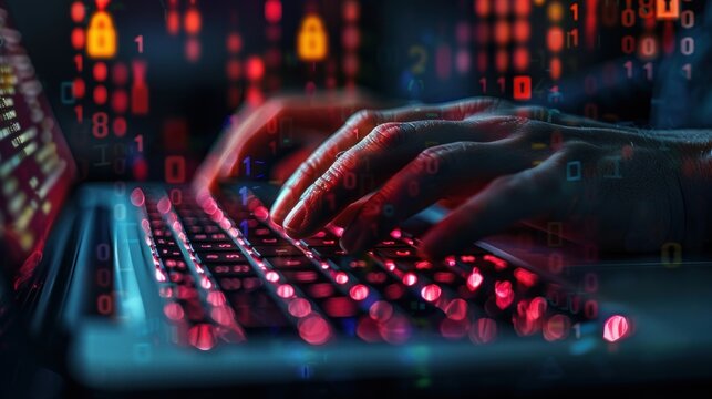 Hacker typing on a laptop with binary code
