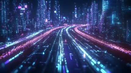 Fiber optic cables transmitting telecommunication signals between cities, with vibrant glowing lights symbolizing data flow across vast distances