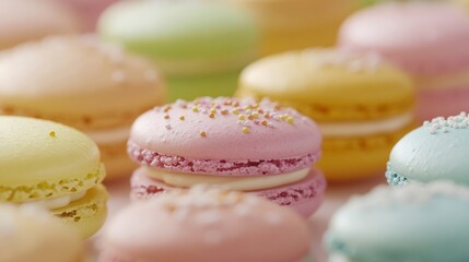Fototapeta premium Delicious pastel macarons creatively styled with vibrant decor.