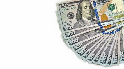 A neatly fanned stack of 100 U.S. bills on a white background, symbolizing financial prosperity, wealth, and economic power. Ideal for use in financial, banking, and investment-related content or mark