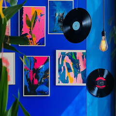 Artistic Interior with Vinyl Records and Abstract Wall Art