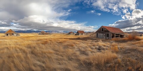 Abandoned Farm Mining Camp Panorama A sweeping view showcases the remnants of an old farm or mining camp, featuring empty buildings that tell the story of this deserted community.