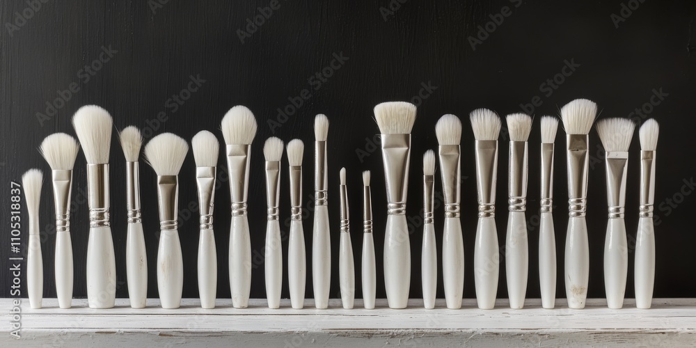 Poster White brushes displayed on a white wood table create a striking contrast against a black background. The arrangement of white brushes highlights their elegance and artistic appeal.
