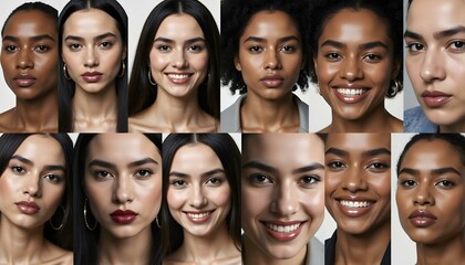 Many happy diverse ethnicity different young and old people group headshots in collage mosaic collection. Lot of smiling multicultural faces looking at camera. Human resource society database concept.