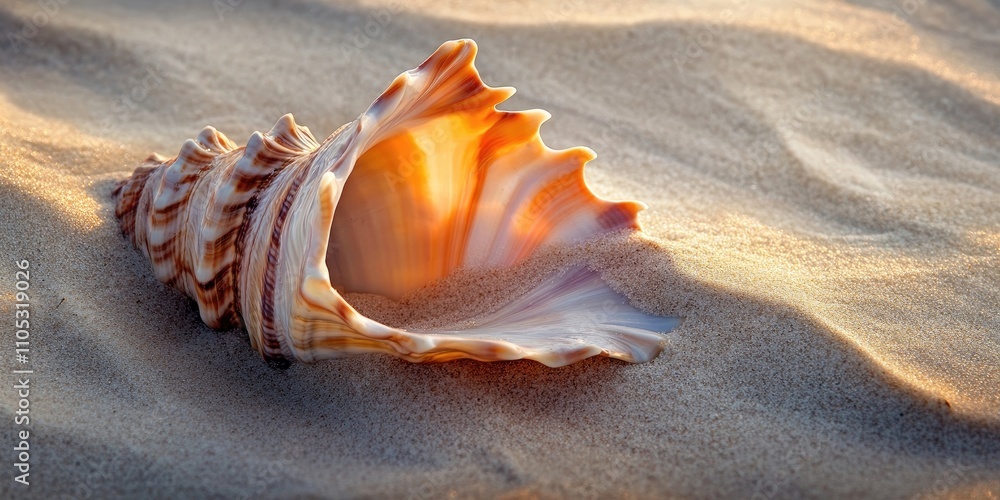 Poster conch shell resting on beach sand, showcasing nature s beauty. this conch shell adds charm to the sa