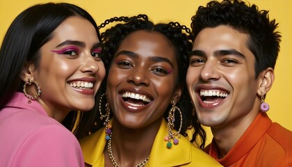 A vibrant portrayal of joy and diversity: friends are captured laughing, showing individuality with each person against a unique background, reflecting positive connections in multicultural settings.