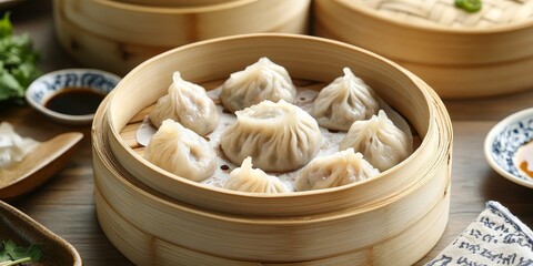 Chinese dumpling nestled in a bamboo steamer box, showcasing the intricate details of the Chinese dumpling and its traditional presentation in a bamboo steamer for an authentic culinary experience.