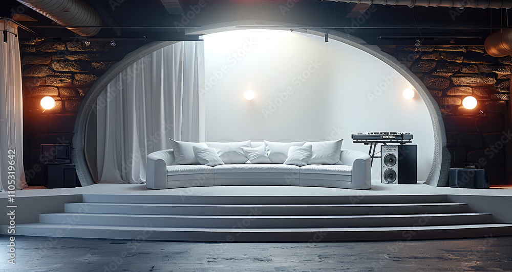 Aufkleber An elevated small stage with an open, half circle sofa with a DJ table ahead.