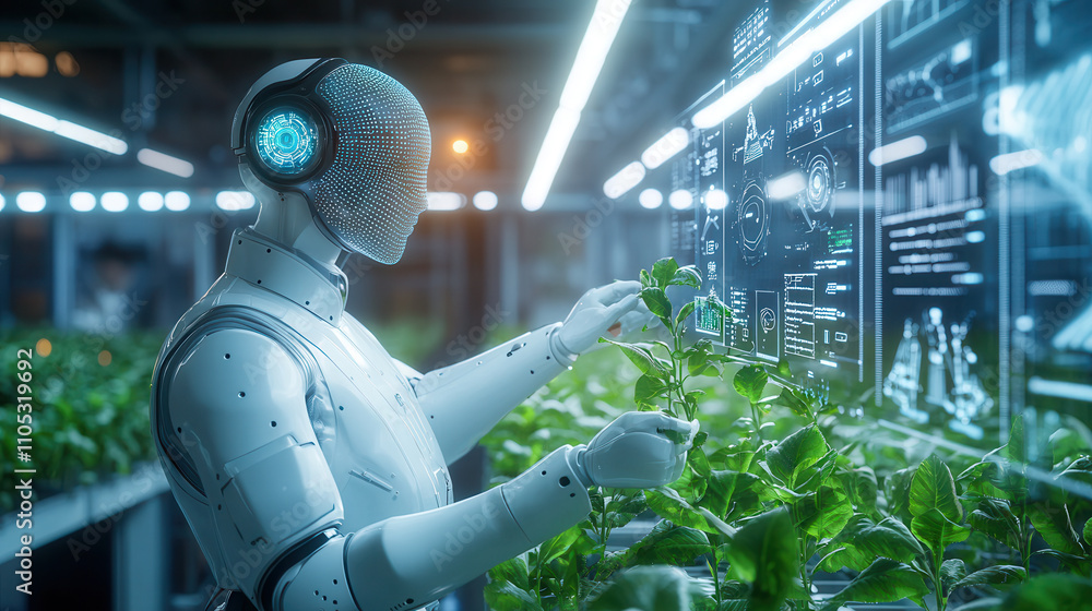 Poster ai driven farming robot tending to crops in high tech greenhouse, showcasing advanced technology and