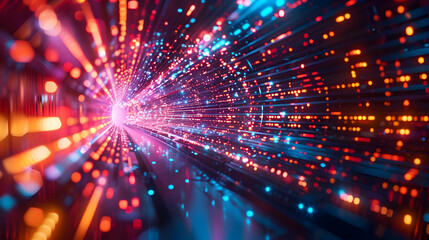 Fototapeta premium Abstract 3D Digital Tunnel of Vivid Lights, Red, Blue and Orange Glowing Particles Streaming Through a Cybernetic Corridor, Futuristic Technology Background