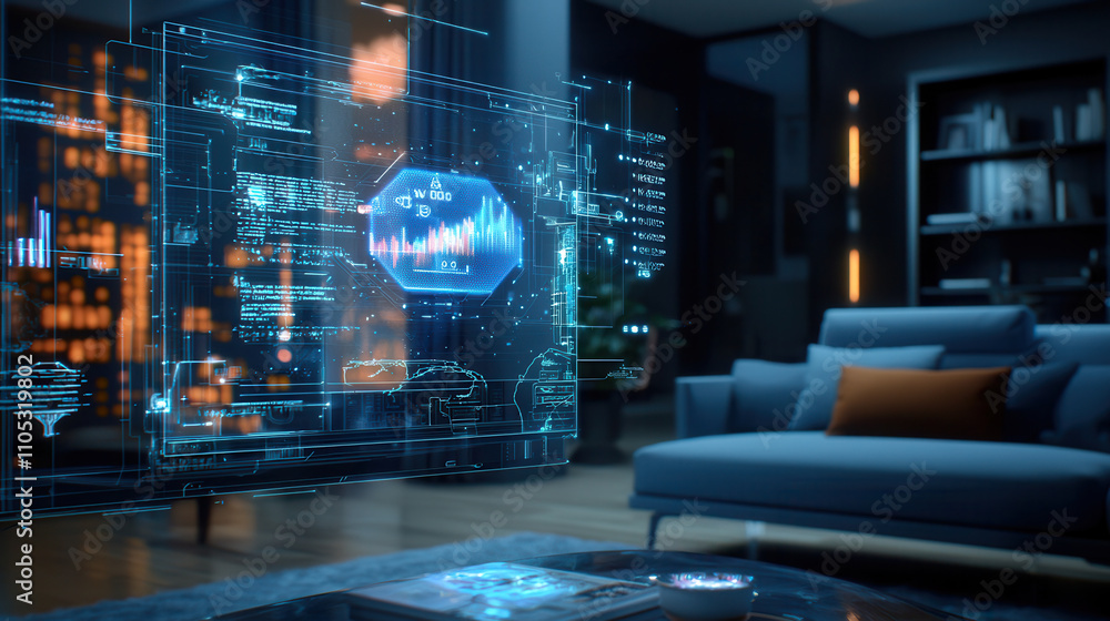 Poster futuristic living room featuring ai powered holographic assistant displaying data and analytics. sle