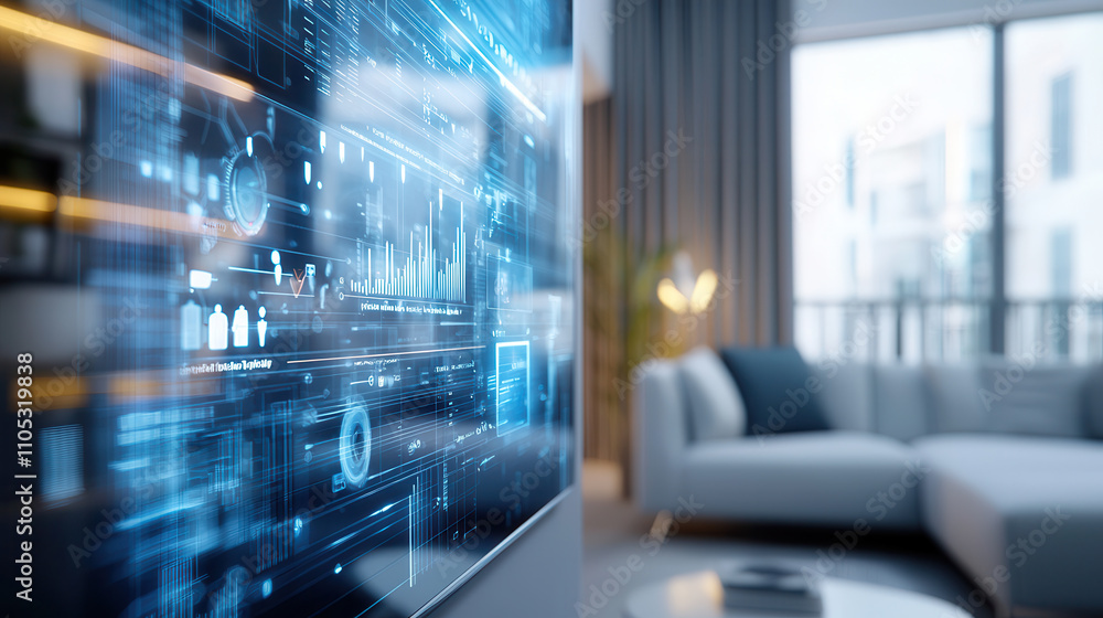Poster modern living room featuring digital display with data visualization, showcasing technology and inno