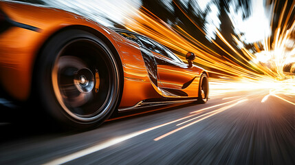 Fototapeta premium A Bright Orange Sports Car Races Through a Tunnel of Light, Blurred Motion Effect Creates a Dynamic and Energetic Scene, Highlighting the Speed and Power of the Vehicle