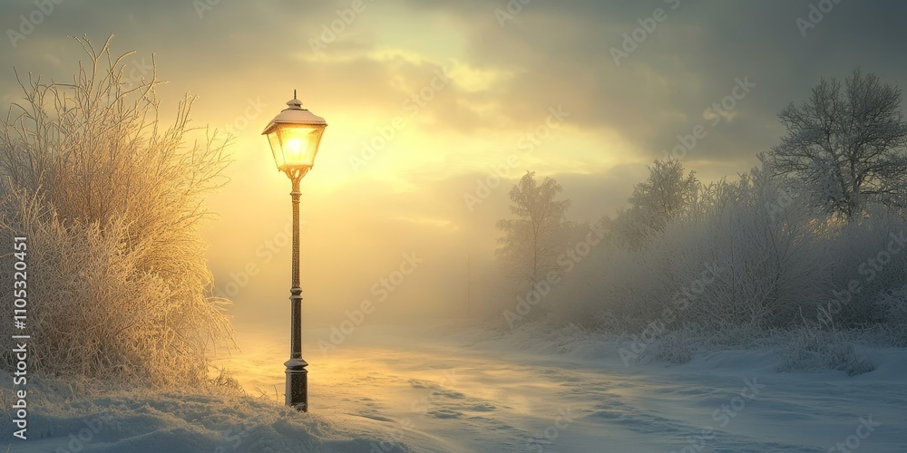 Poster illuminated lamppost shining brightly amidst a winter landscape, creating a warm glow in the chilly 