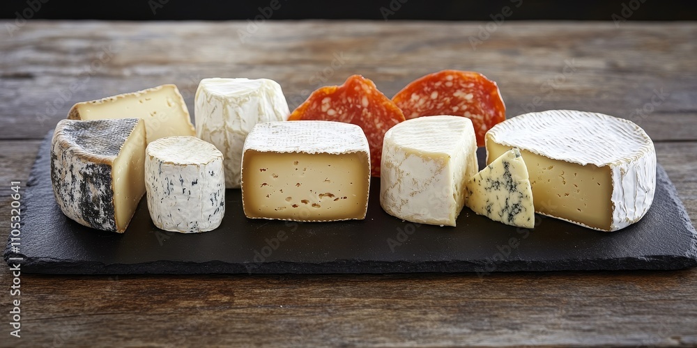 Poster assorted cheese varieties displayed on a black slate board set atop a wooden table, showcasing a del