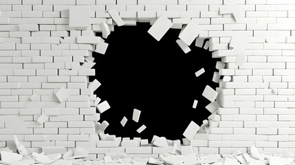 3D hole in a white brick wall with pieces flying out, vector illustration. Wall of bricks broken through with cracks, debris, and a black background