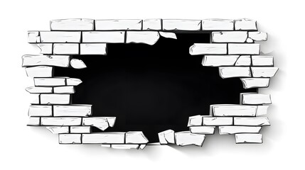 3D hole in a white brick wall with pieces flying out, vector illustration. Wall of bricks broken through with cracks, debris, and a black background