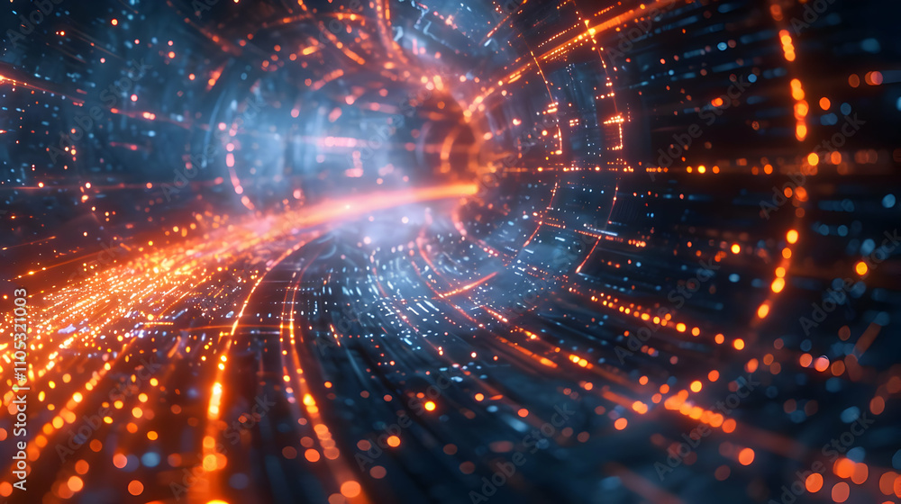 Poster abstract 3d digital tunnel background: glowing lines and particles flowing through cyberspace, creat