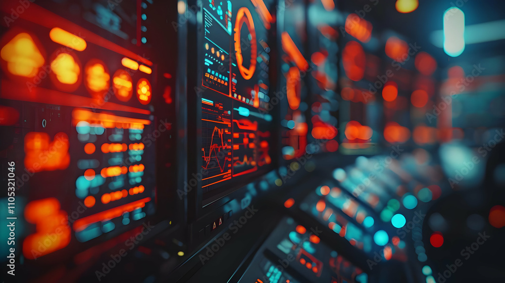 Poster futuristic control panel displays data streams in vivid red and teal hues, a sci-fi digital interfac
