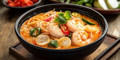 Spicy mala Xiang guo laksa curry showcases a delightful combination of seafood including prawn and scallop, alongside chicken, vegetables, and noodles, all enveloped in a rich chilli sambal sauce.