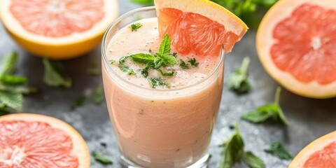 Delicious homemade smoothie featuring grapefruit, banana, and herbs for a refreshing taste. This fresh homemade smoothie combines grapefruit, banana, and herbs for a perfect blend of flavors.