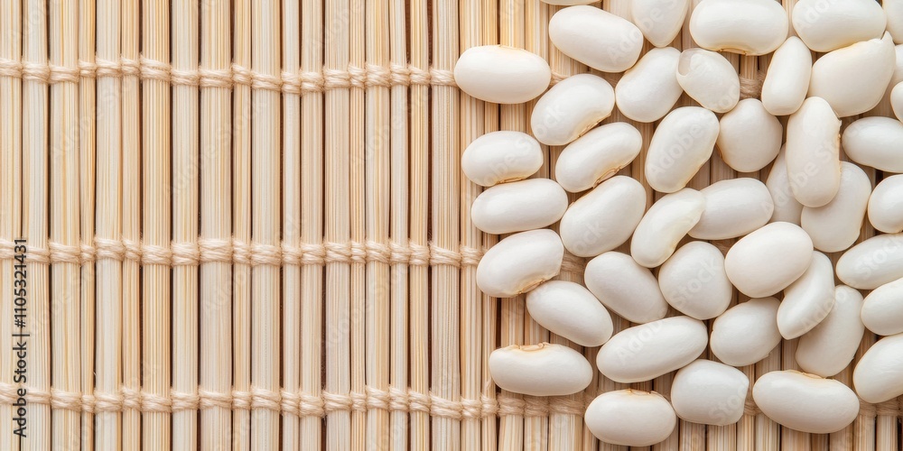 Aufkleber white beans arranged on a bamboo mat create an appealing composition. the bamboo mat serves as an id