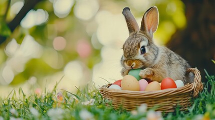  Lovely bunny easter fluffy baby rabbit eating green grass with a basket full of