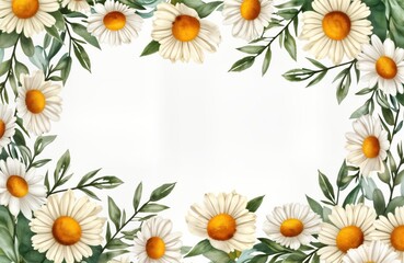 Obraz premium Watercolor illustration featuring frame of white daisies, green leaves. Rustic style flowers create gentle floral border suitable for wedding invitations greeting cards. Daisies soft white petals,