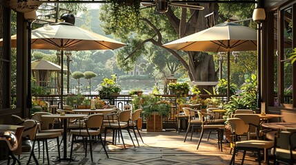 A Cafe Setting with Exquisite Furniture and Scenic Terrace Views.