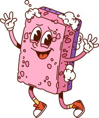 Groovy sponge cleaning, washing and household cartoon character with amusing expression and foam pieces on its pink body. Isolated vector housekeeping tool personage showing retro vibe and excitement