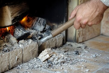Cleaning Fireplace: Man Removing Ashes and Cleaning the Handle, Close-Up Design