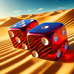 generative AI  two translucent red dice submerged in the desert sand on a sunny day