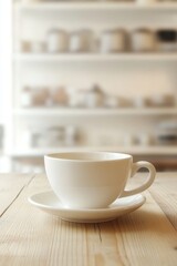 Fototapeta premium White coffee cup on a wooden table with a blurred background of a bright kitchen interior.