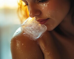 Fototapeta premium Person with ice pack on shoulder, injury care, soft natural lighting