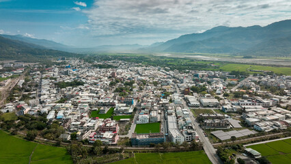 Aerial view of Yuli, featuring lush valleys and peaceful urban landscapes in Taiwan