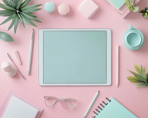 Minimalist Aesthetic Workspace with Pastel Colors ,Engaging online tutorial Trendy workspace with plants and stationery ,Stylish Flat Lay Workspace with Tablet ,Pastel Minimalist Digital Work Desk