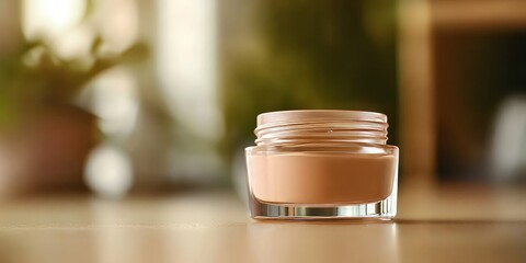 Closeup of an open cosmetic jar featuring concealer cream, showcasing a makeup foundation or moisturizing cream for the face. This beauty product offers a perfect space for advertising within a