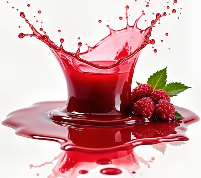 Red berry juice splashes into puddle. Fresh raspberries sit on spill. Vibrant red liquid flows, reflects. Delicious, healthy drink. Isolated on white background. Perfect for food beverage