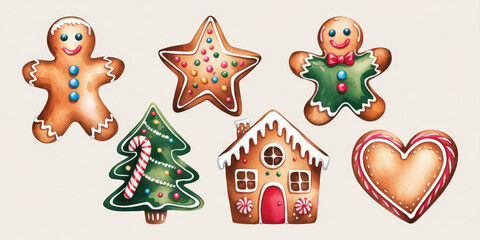 Fototapeta premium Gingerbread Christmas Cookies: A festive collection of gingerbread cookies, perfect for your Christmas baking and holiday design projects, featuring a gingerbread man, star, tree, house, and heart.